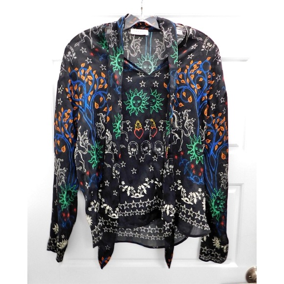Sandro Paris Black Multi‎ Sun Horse Star Long Sleeve Blouse sz 0 - Picture 1 of 8